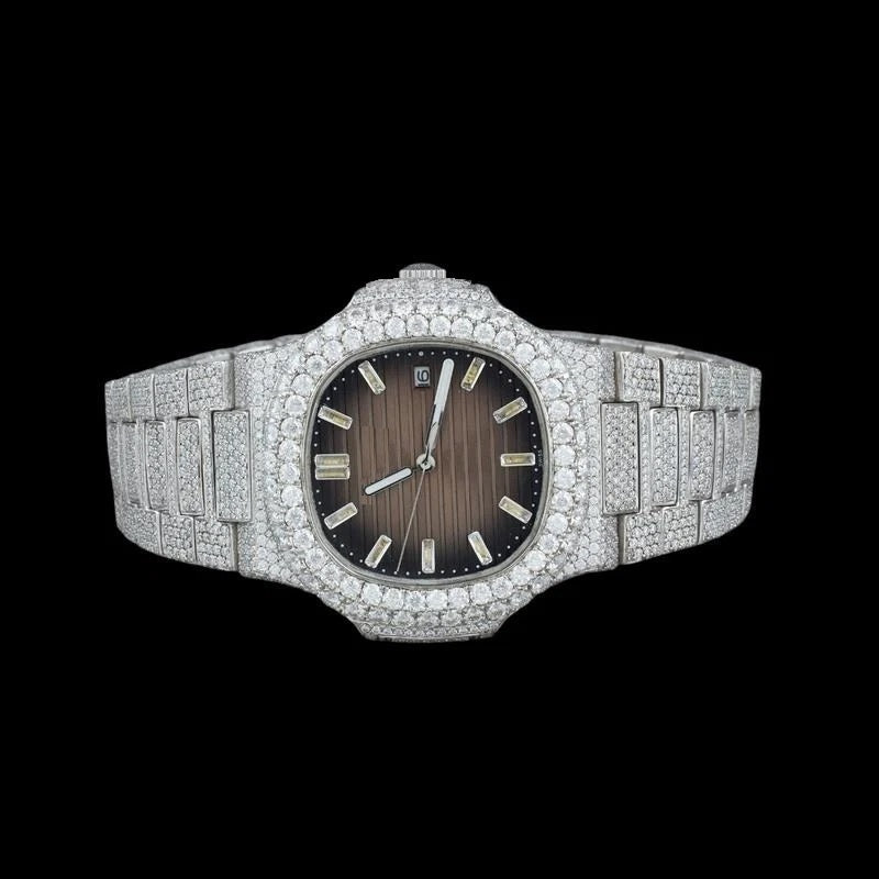 Chocolate Dial Baguette Marker Round-Cut Moissanite Watch