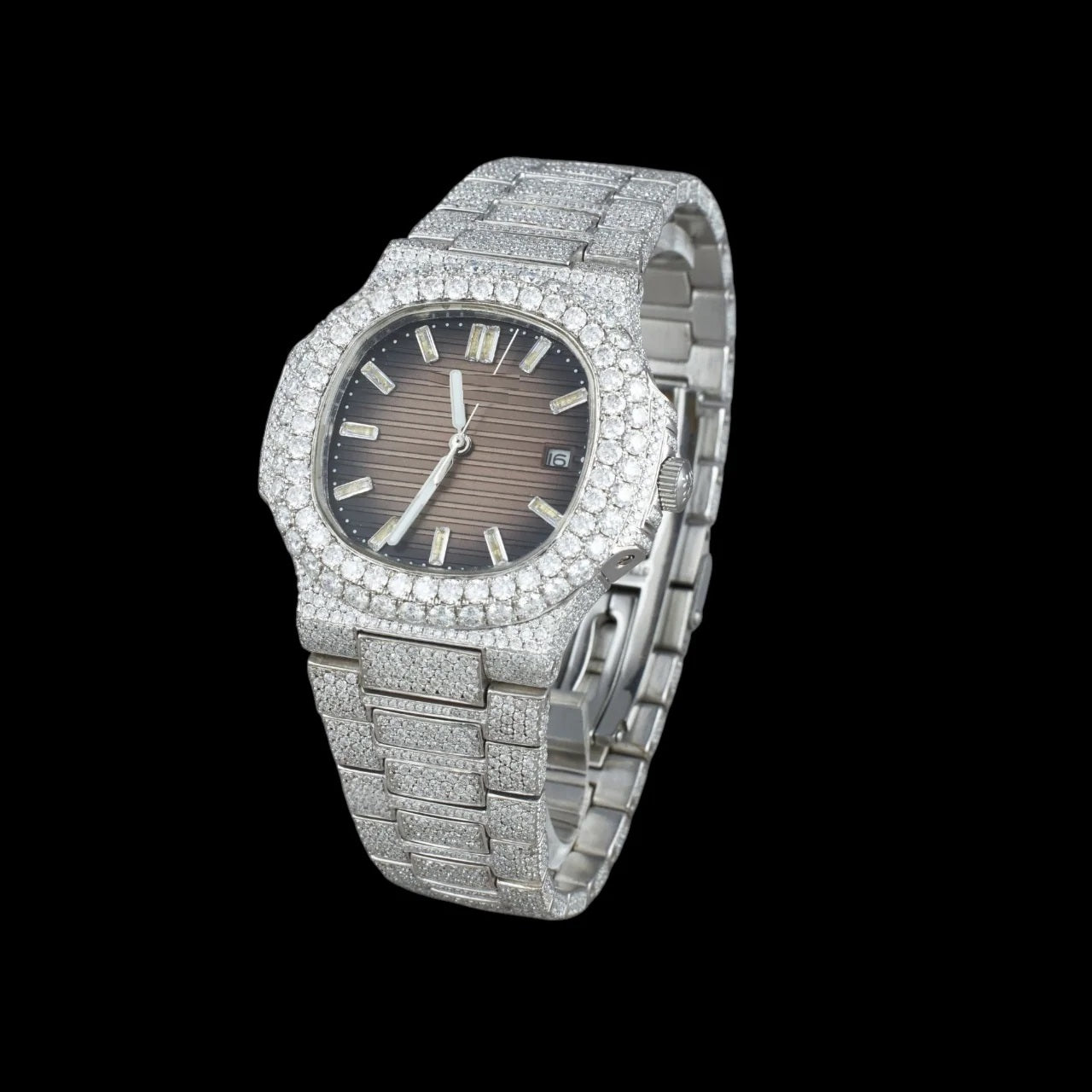 Chocolate Dial Baguette Marker Round-Cut Moissanite Watch