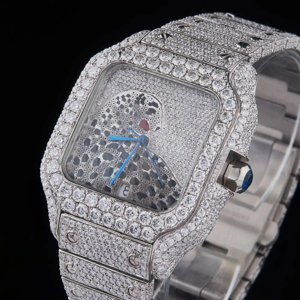 Silver Dial Markerless Panther Round-Cut Moissanite Watch
