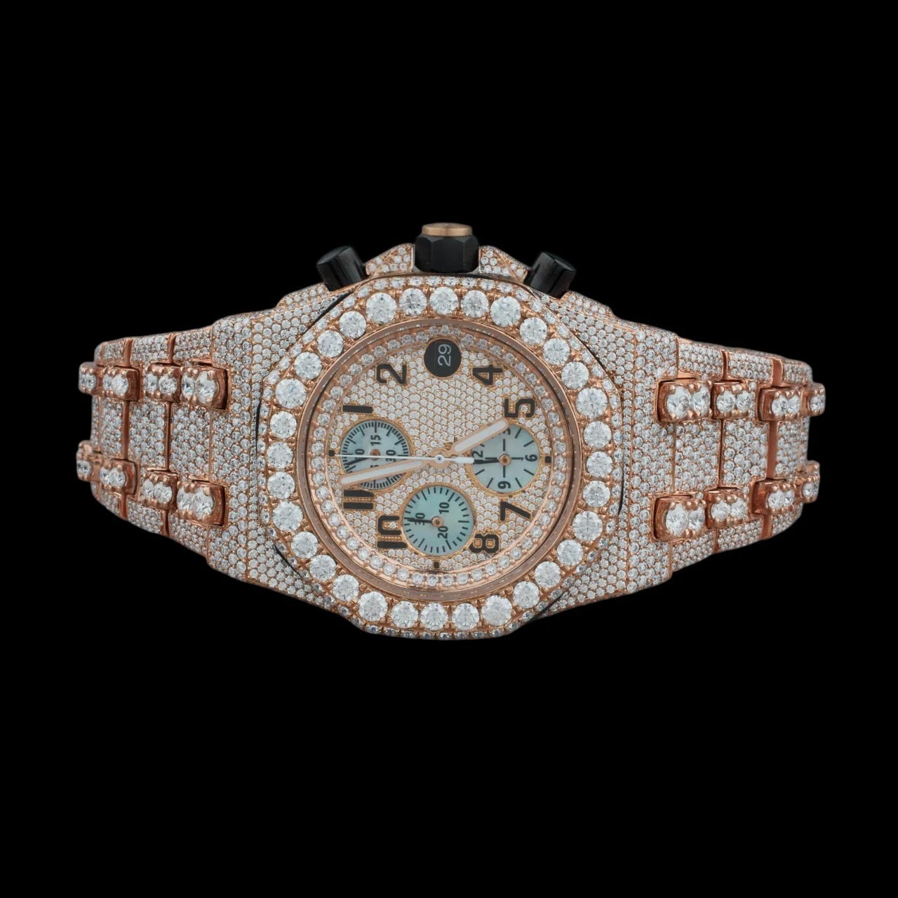 Rose Gold Dial Arabic Numeral Round-Cut Moissanite Chronograph Watch