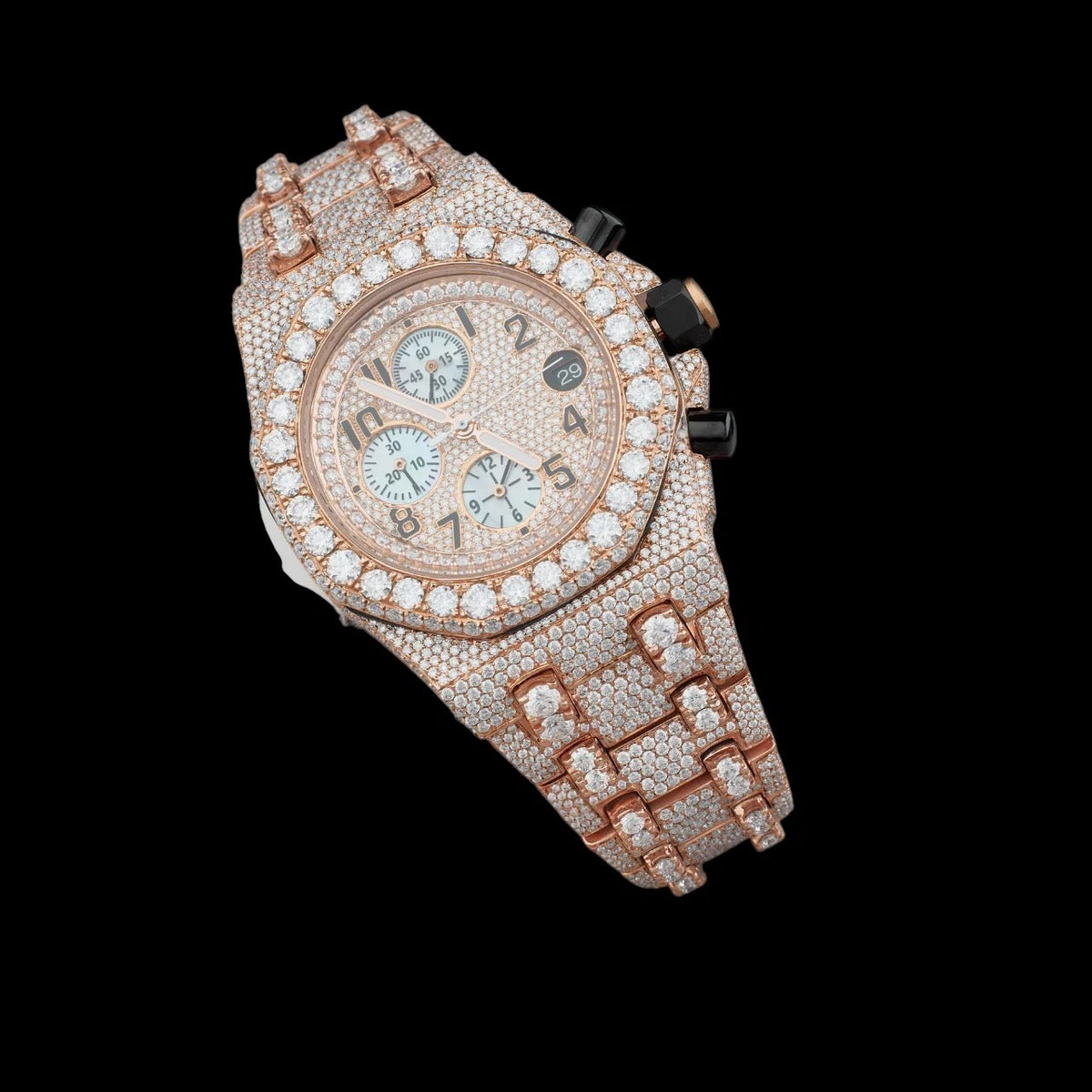Rose Gold Dial Arabic Numeral Round-Cut Moissanite Chronograph Watch