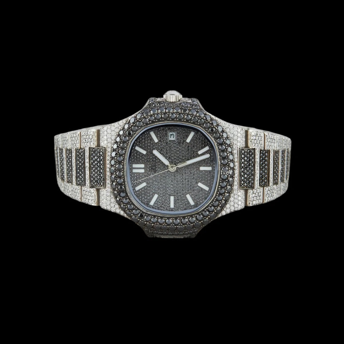 Black Dial Baton Marker Round-Cut Moissanite Watch