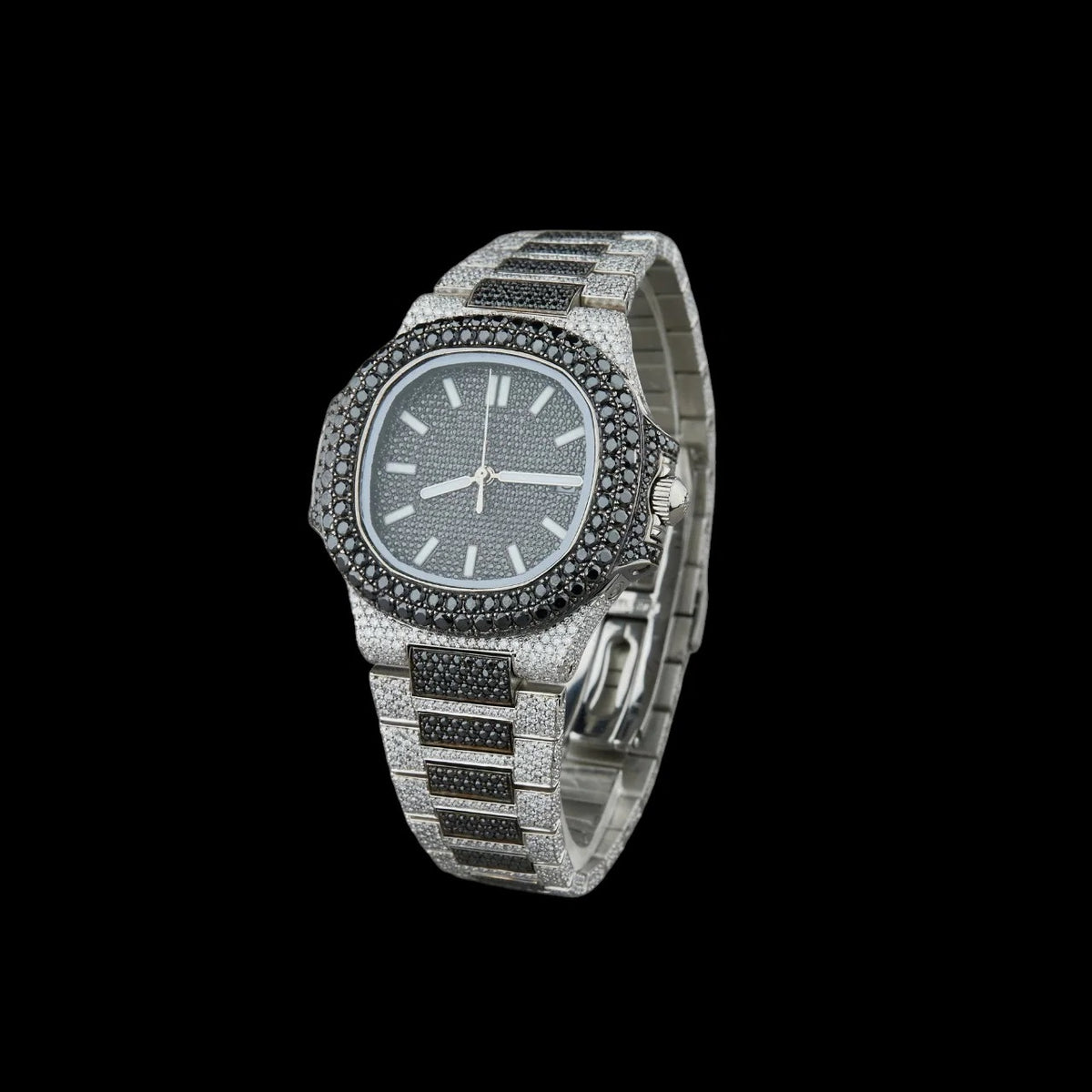 Black Dial Baton Marker Round-Cut Moissanite Watch