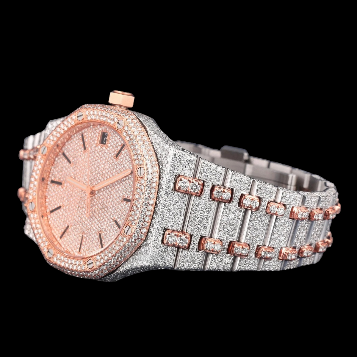 Rose Gold Diamond Dial Moissanite Automatic Watch