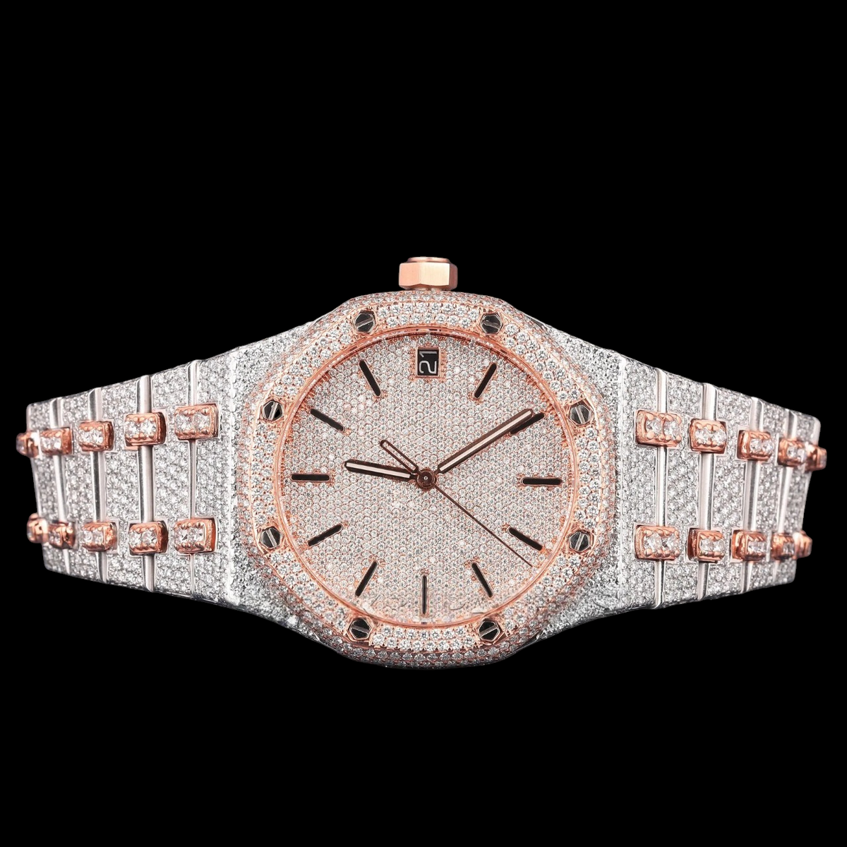 Rose Gold Diamond Dial Moissanite Automatic Watch