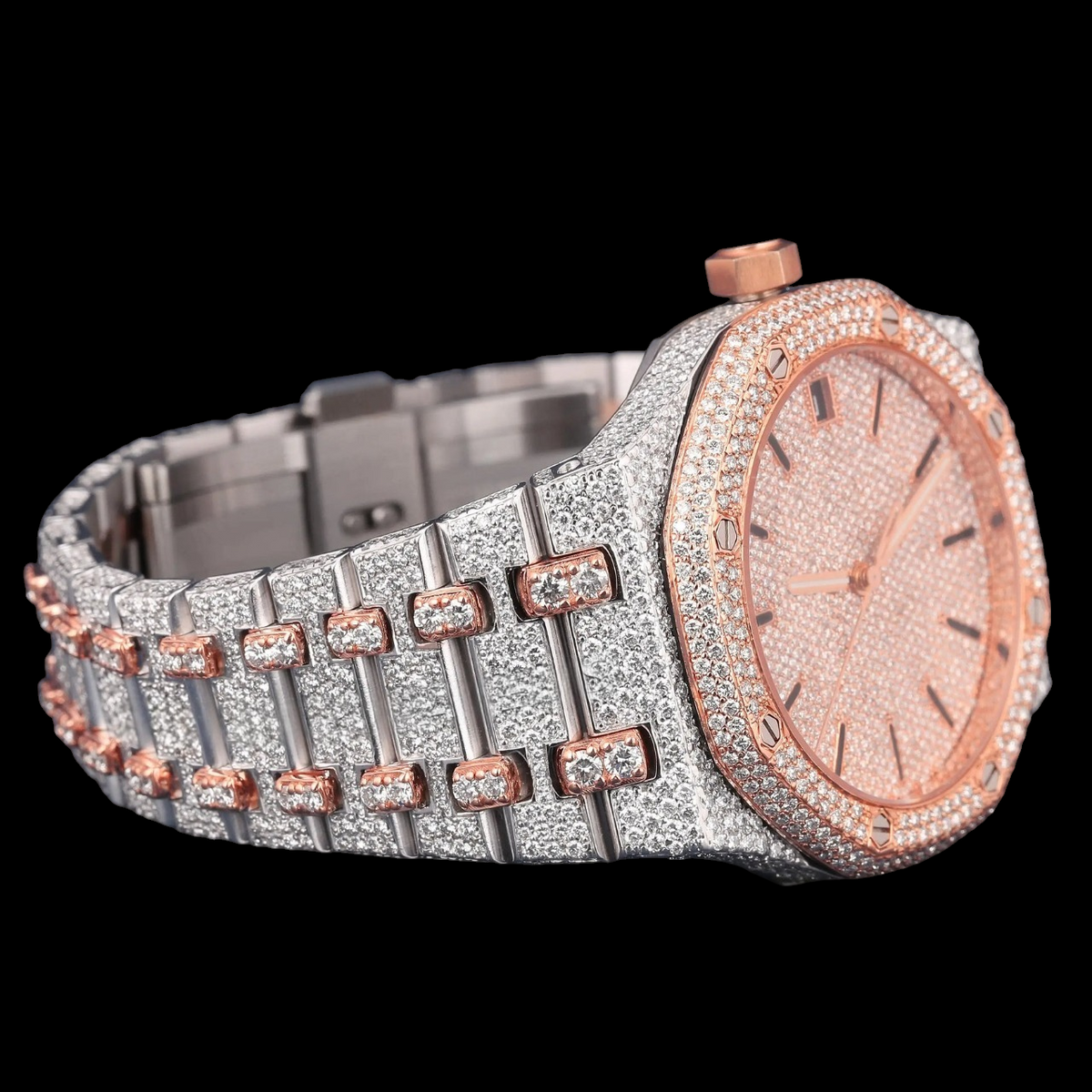 Rose Gold Diamond Dial Moissanite Automatic Watch