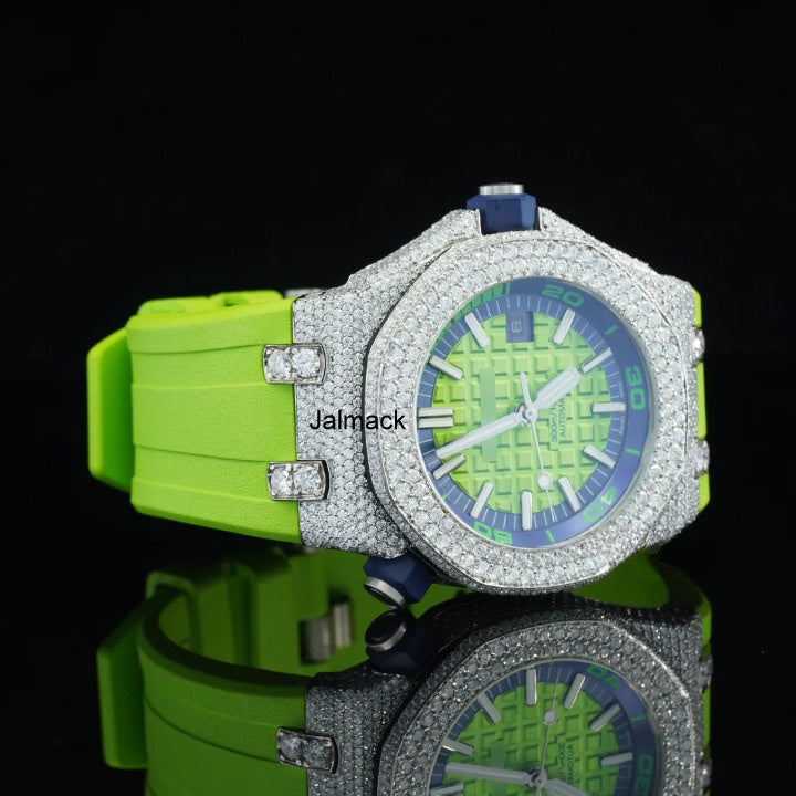 Luxury Fully Iced Out Green Dial Moissanite Watch for Men Neon Green Rubber Strap