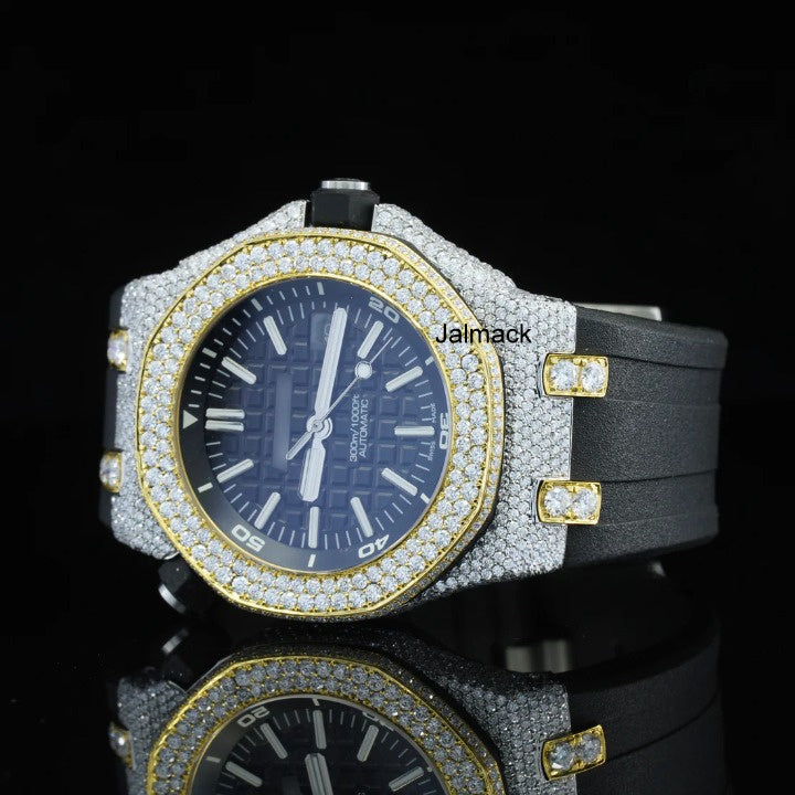Luxury Fully Iced Out Moissanite Watch for Men Black Rubber Strap