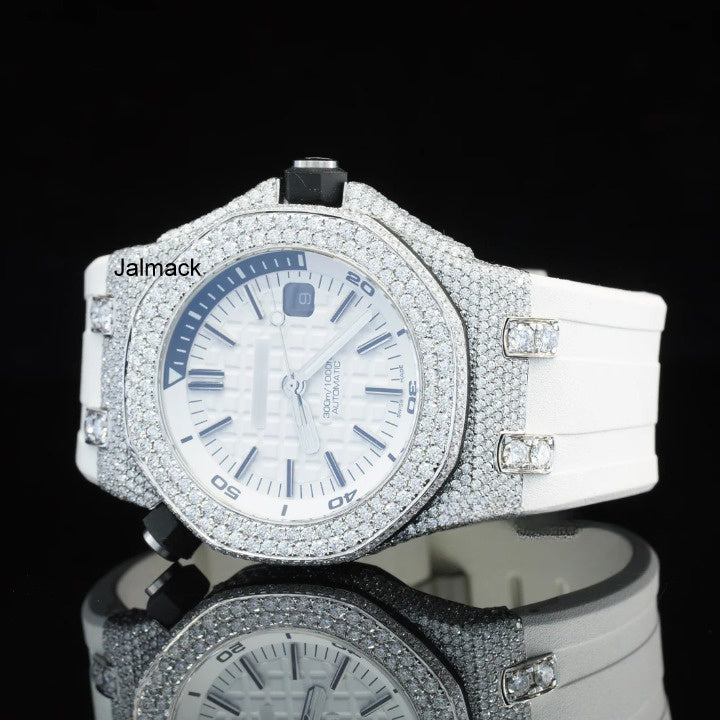 Luxury Fully Iced Out White Dial Moissanite Watch for Men White Rubber Strap