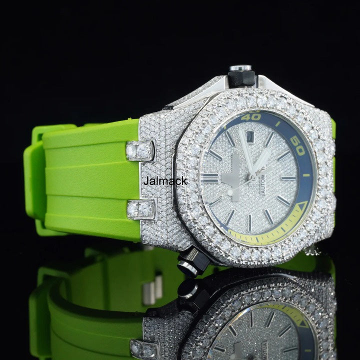 Luxury Fully Iced Out Silver Dial Moissanite Watch for Men Neon Green Rubber Strap