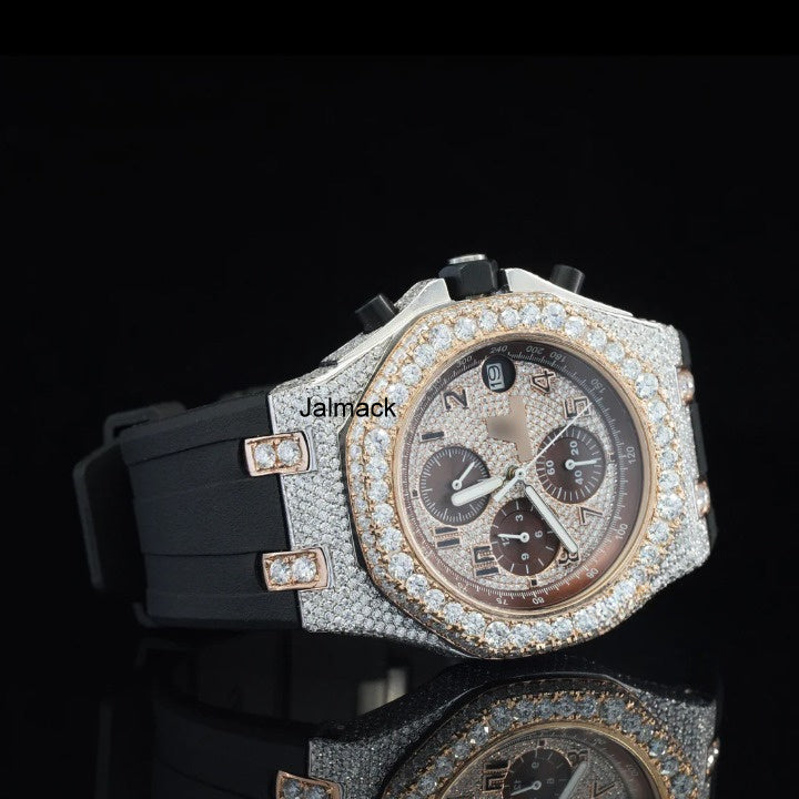 Luxury Fully Iced Chronograph Moissanite Watch with Brown Dial