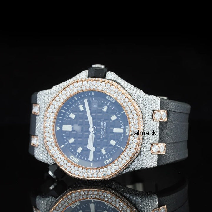 Luxury Fully Iced Out Black Dial Moissanite Watch for Men Black Rubber Strap