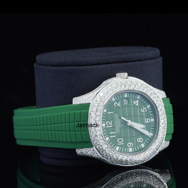 Luxury Green Bealt Moissanite Watch for Men | Iced Out VVS Moissanite Timepiece