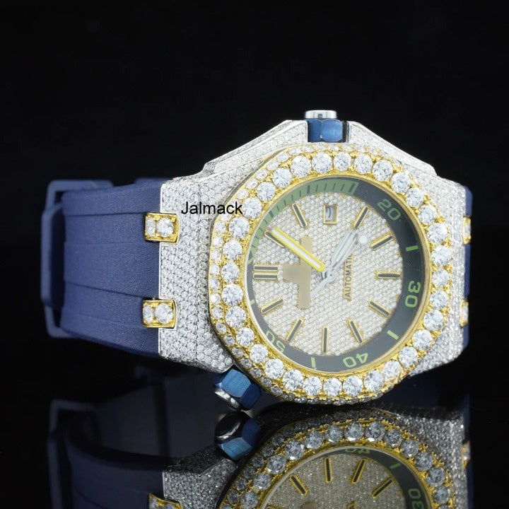 Luxury Fully Iced Out Gold Bezel Moissanite Watch for Men Blue Rubber Strap