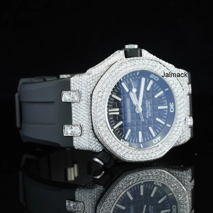 Luxury Fully Iced Out Moissanite Watch for Men Black Rubber Strap