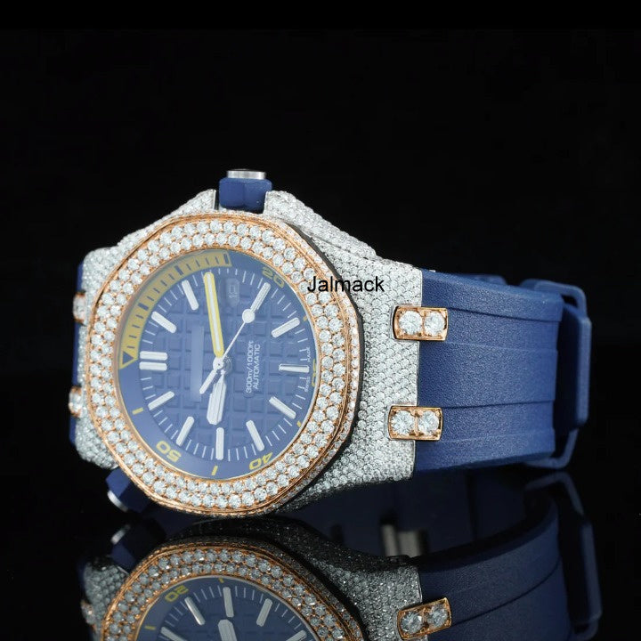 Luxury Fully Iced Out Blue Dial Moissanite Watch for Men Blue Rubber Strap