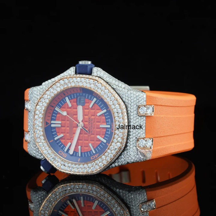 Luxury Fully Iced Out Orange Dial Moissanite Watch for Men