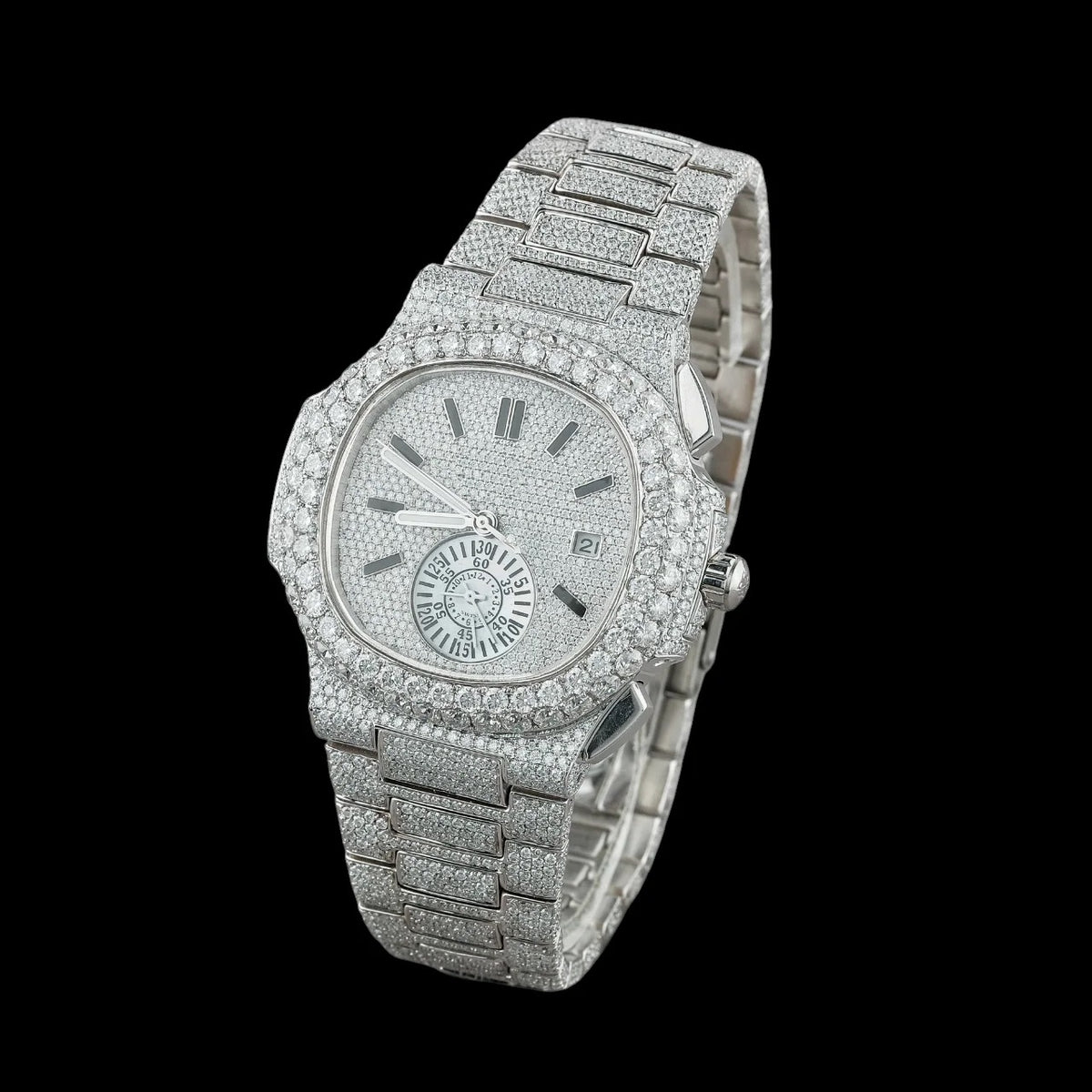 Silver Dial Baton Letter Round-Cut Moissanite Multifunction Watch