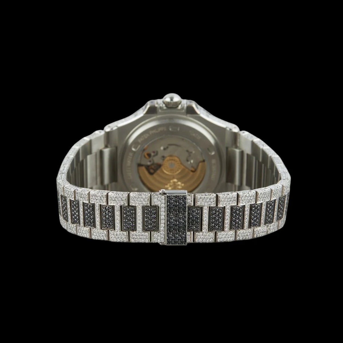 Black Dial Baton Marker Round-Cut Moissanite Watch
