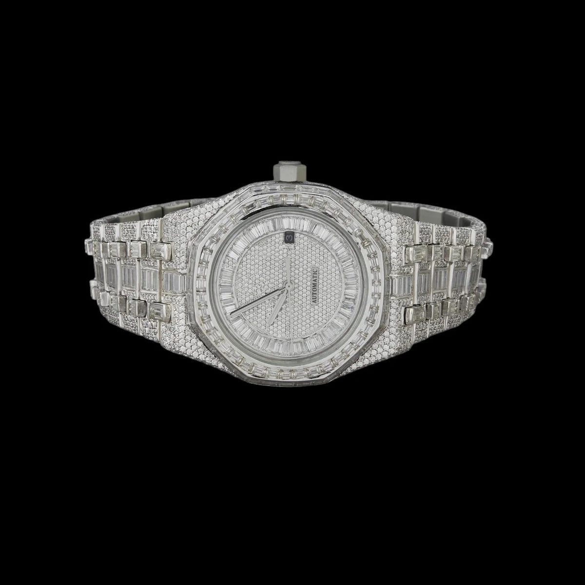 Silver Dial Monogram Letter Baguette & Round Moissanite Watch