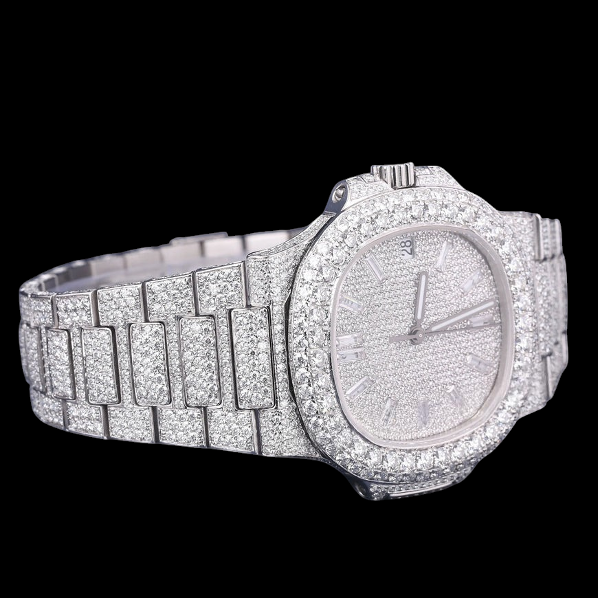 Silver Baguette Marker Moissanite Automatic Watch