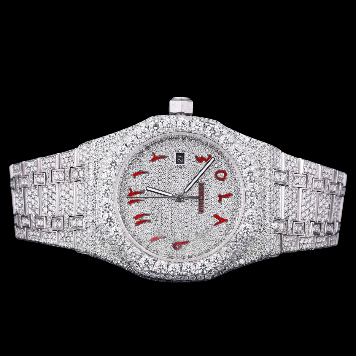 Red Arabic Letter Moissanite Diamond Dial Automatic Watch