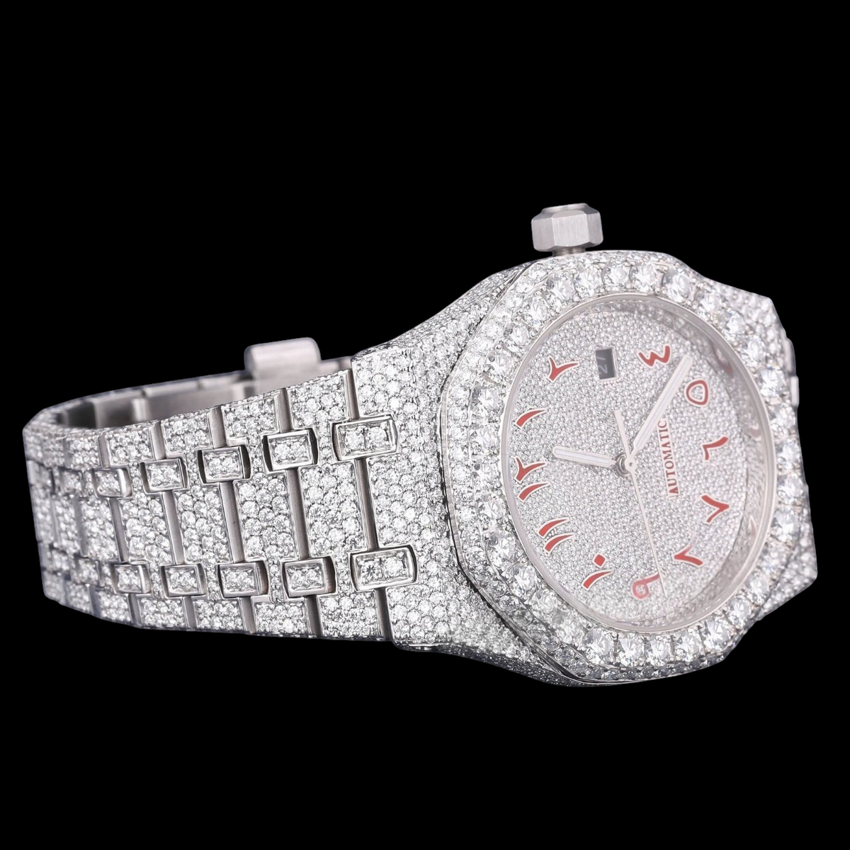 Red Arabic Letter Moissanite Diamond Dial Automatic Watch