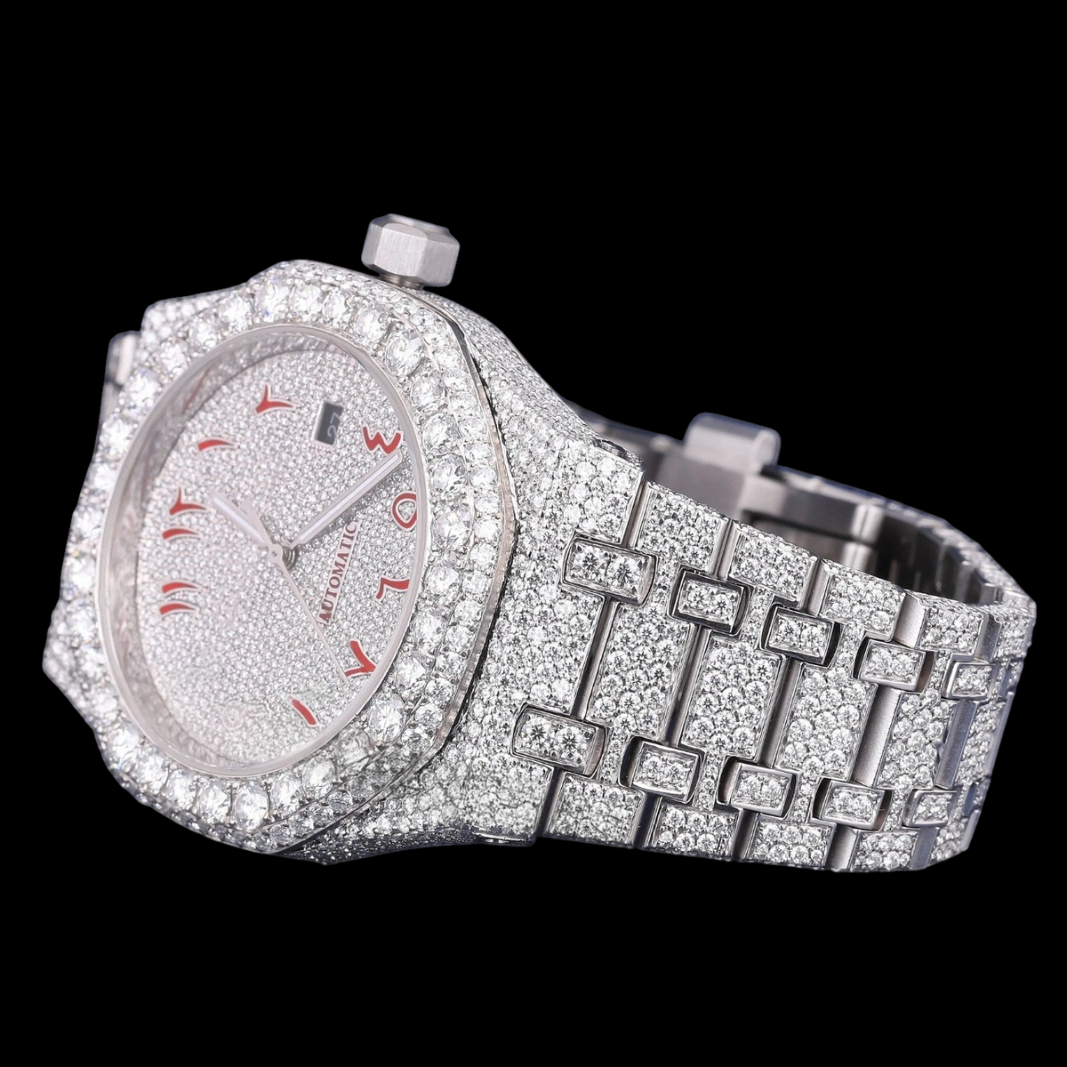 Red Arabic Letter Moissanite Diamond Dial Automatic Watch