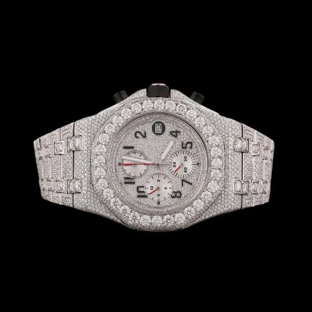 Silver Dial Round-Cut Moissanite Chronograph Watch