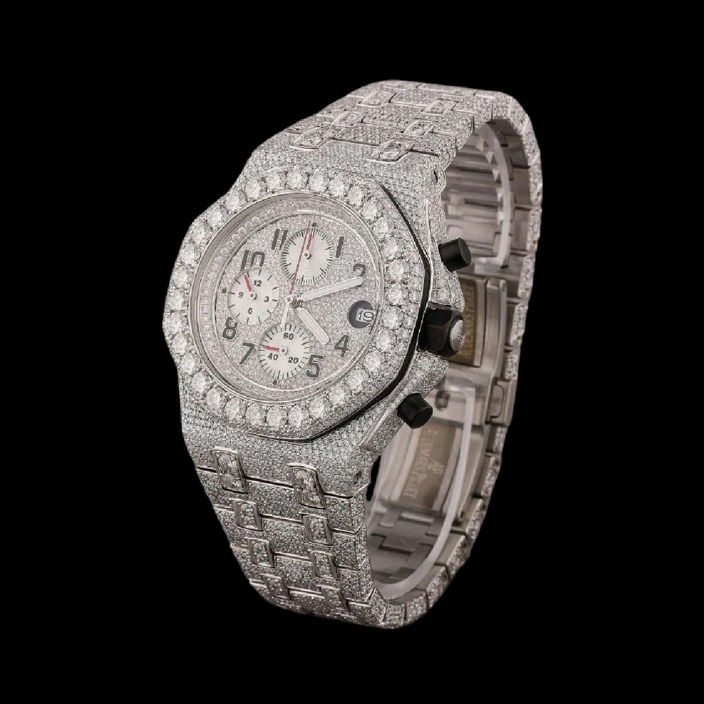 Silver Dial Round-Cut Moissanite Chronograph Watch
