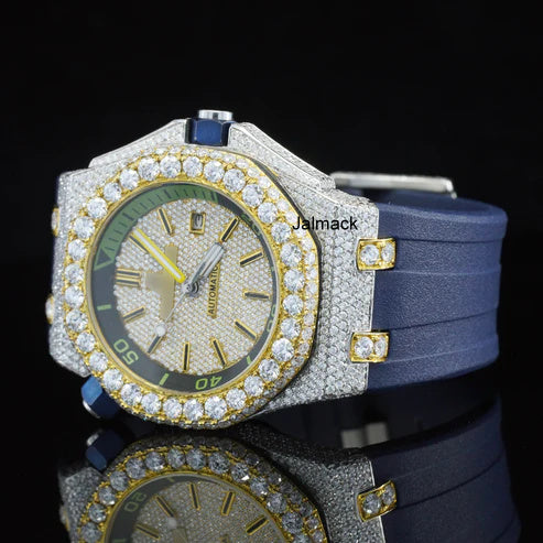Luxury Fully Iced Out Gold Bezel Moissanite Watch for Men Blue Rubber Strap