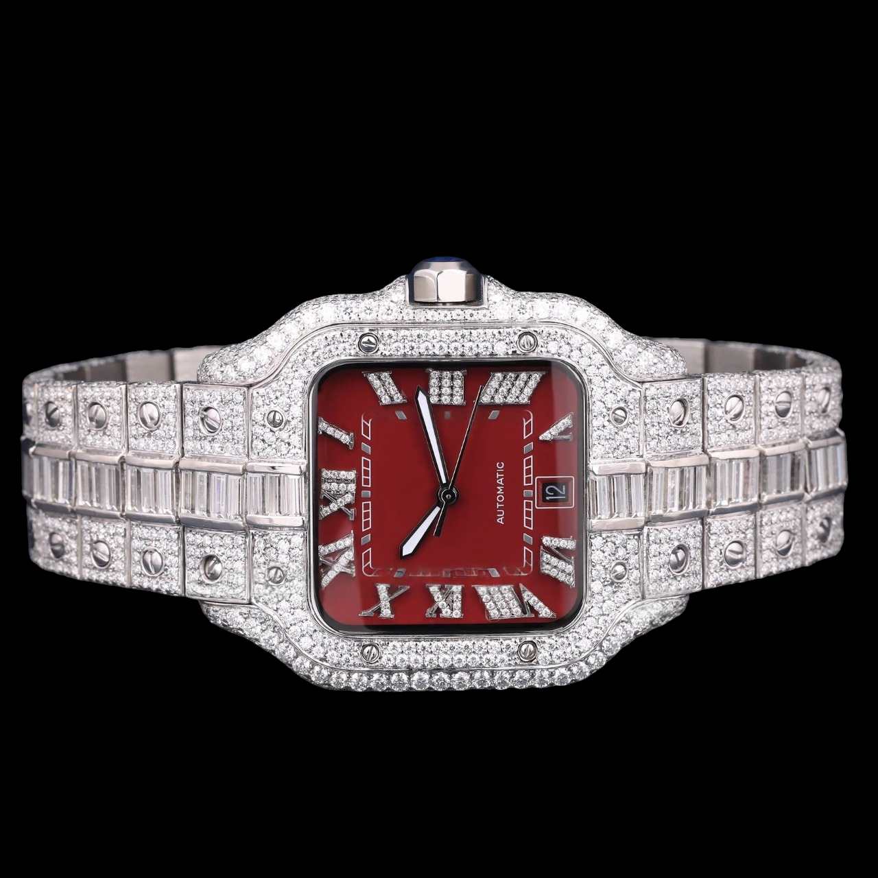 Luxury Silver Red Dial Moissanite Automatic Watch VVS1 D Color Fully Iced Out