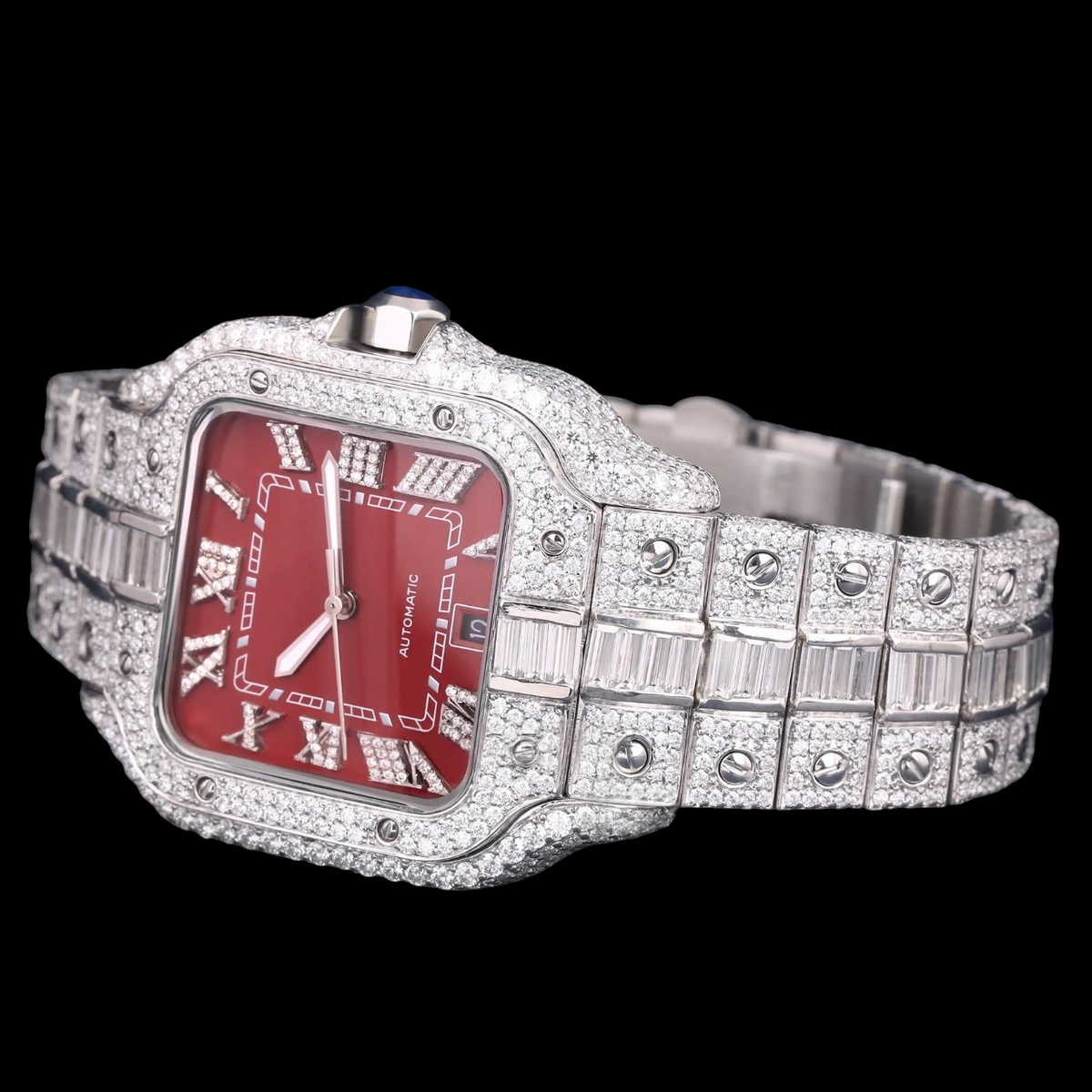 Luxury Silver Red Dial Moissanite Automatic Watch VVS1 D Color Fully Iced Out