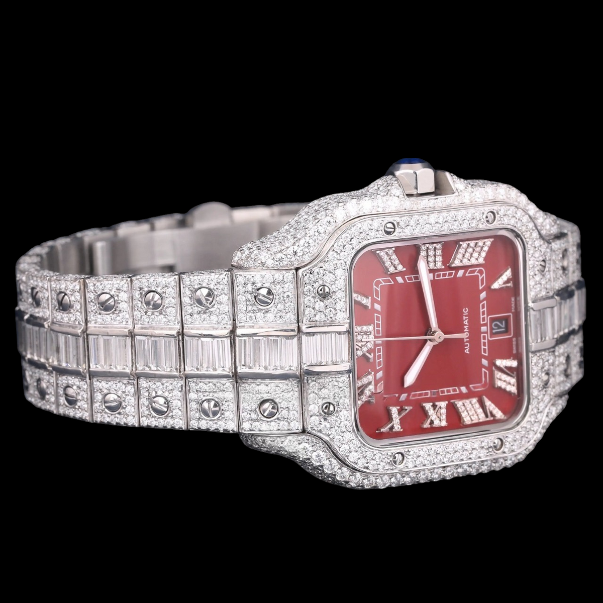 Luxury Silver Red Dial Moissanite Automatic Watch VVS1 D Color Fully Iced Out