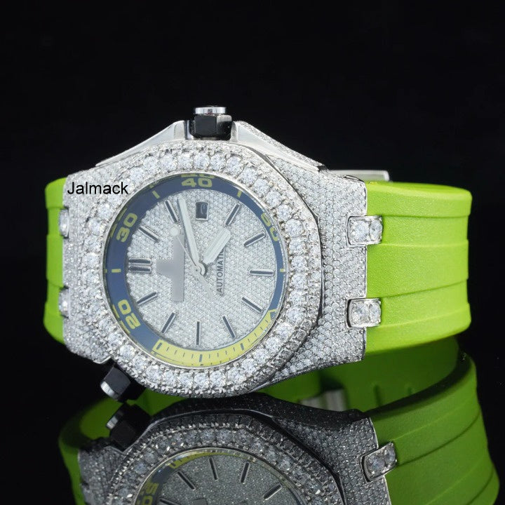 Luxury Fully Iced Out Silver Dial Moissanite Watch for Men Neon Green Rubber Strap