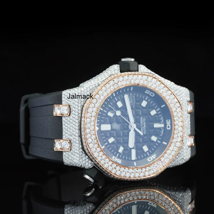 Luxury Fully Iced Out Black Dial Moissanite Watch for Men Black Rubber Strap