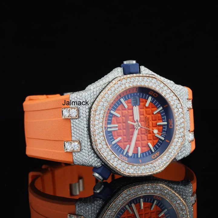 Luxury Fully Iced Out Orange Dial Moissanite Watch for Men