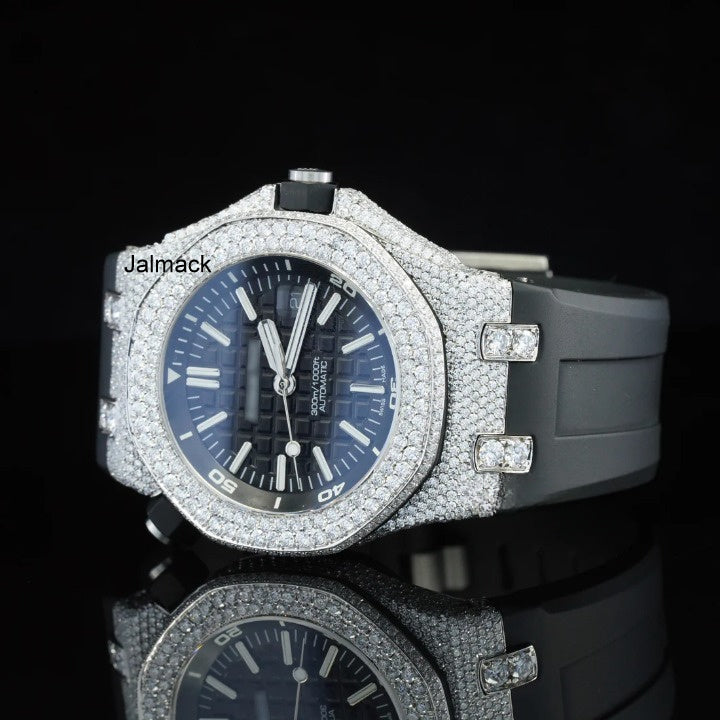 Luxury Fully Iced Out Moissanite Watch for Men Black Rubber Strap