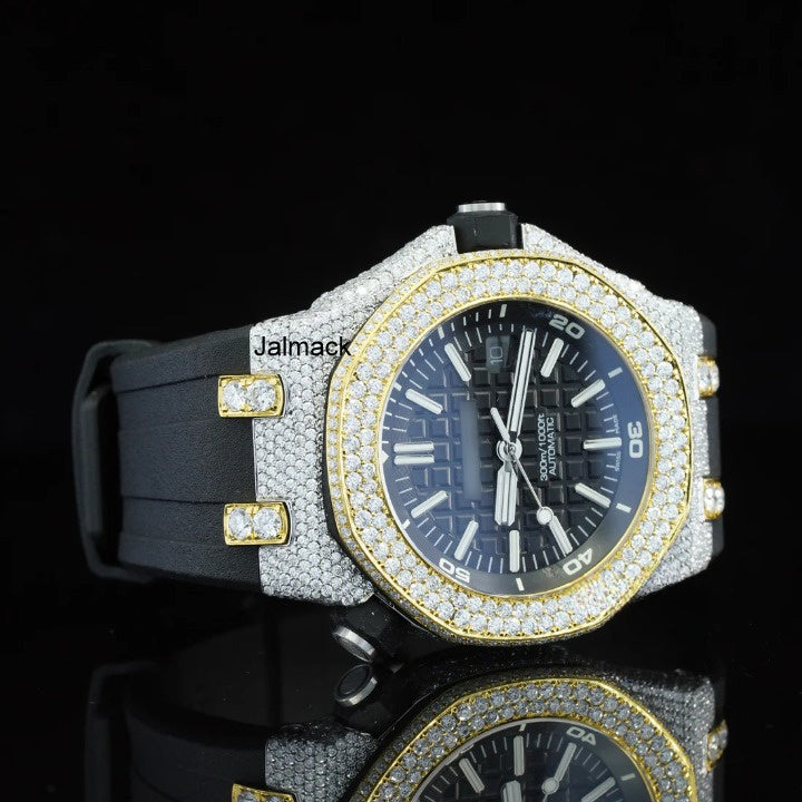Luxury Fully Iced Out Moissanite Watch for Men Black Rubber Strap