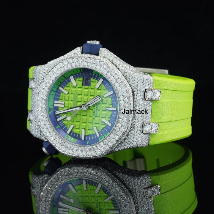 Luxury Fully Iced Out Green Dial Moissanite Watch for Men Neon Green Rubber Strap