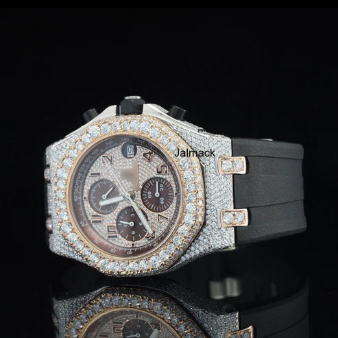 Luxury Fully Iced Chronograph Moissanite Watch with Brown Dial