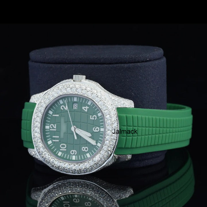 Luxury Green Bealt Moissanite Watch for Men | Iced Out VVS Moissanite Timepiece