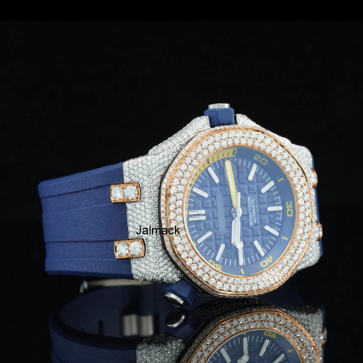 Luxury Fully Iced Out Blue Dial Moissanite Watch for Men Blue Rubber Strap