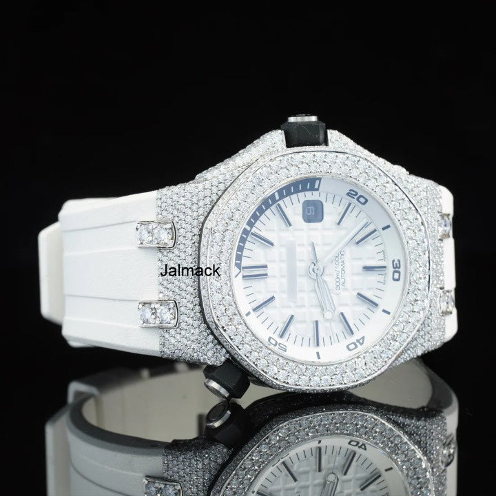 Luxury Fully Iced Out White Dial Moissanite Watch for Men White Rubber Strap