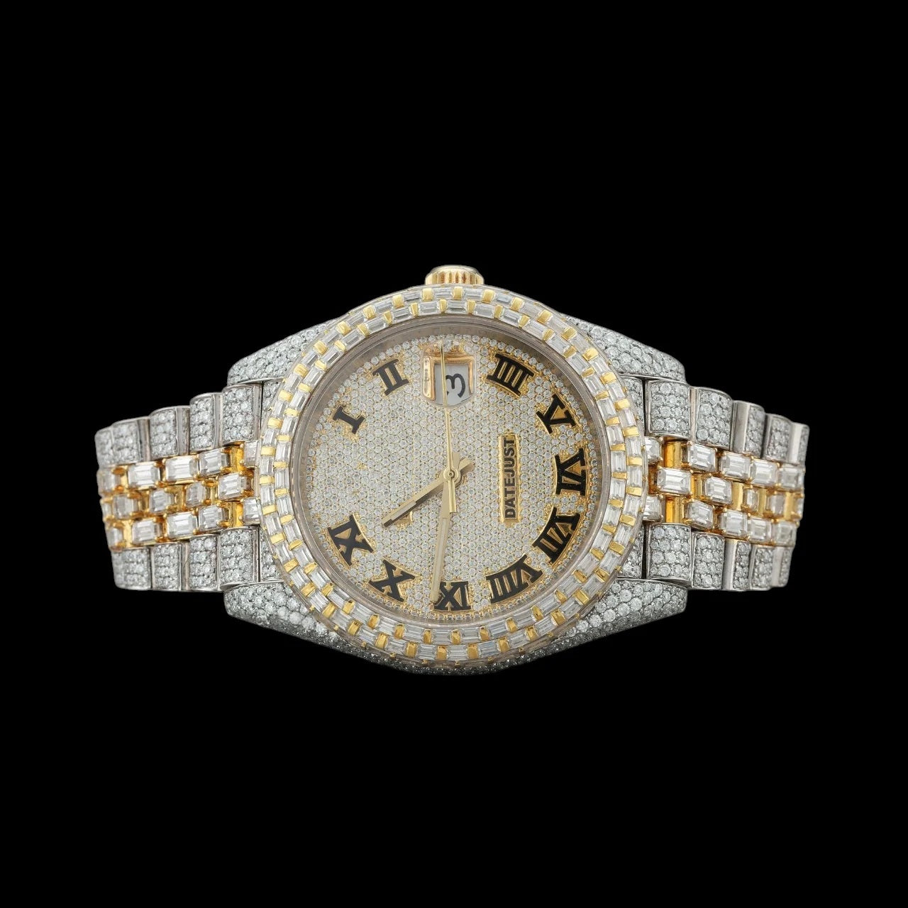Gold Dial Roman Numeral Baguette Moissanite Watch