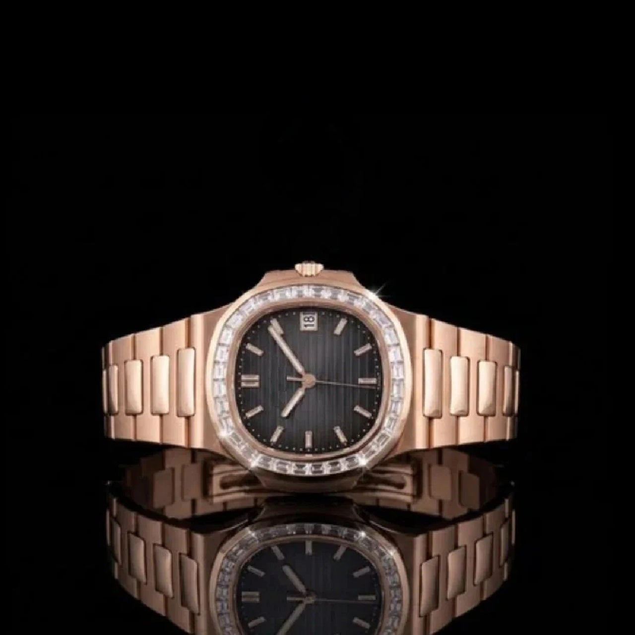 Rose Gold Black Dial Baguette-Cut Moissanite Automatic Watch