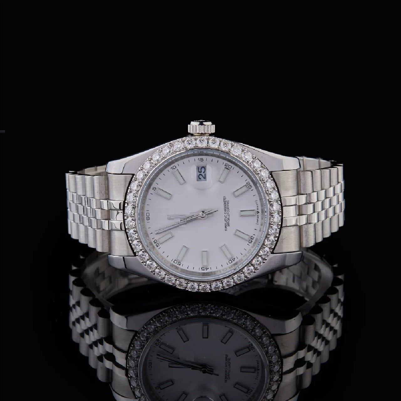 Silver White Dial Round-Cut Moissanite Automatic Watch