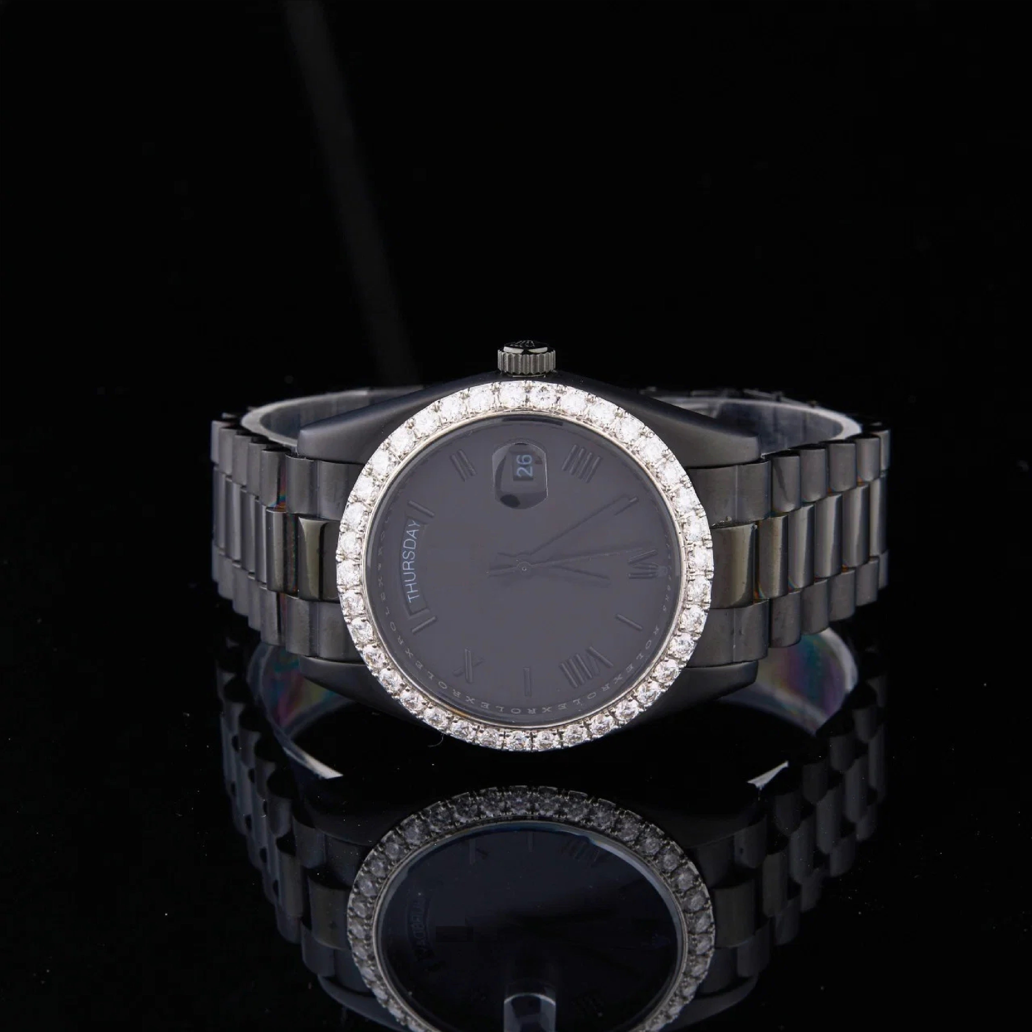 Black Dial Roman Numeral Round-Cut Moissanite Day-Date Watch