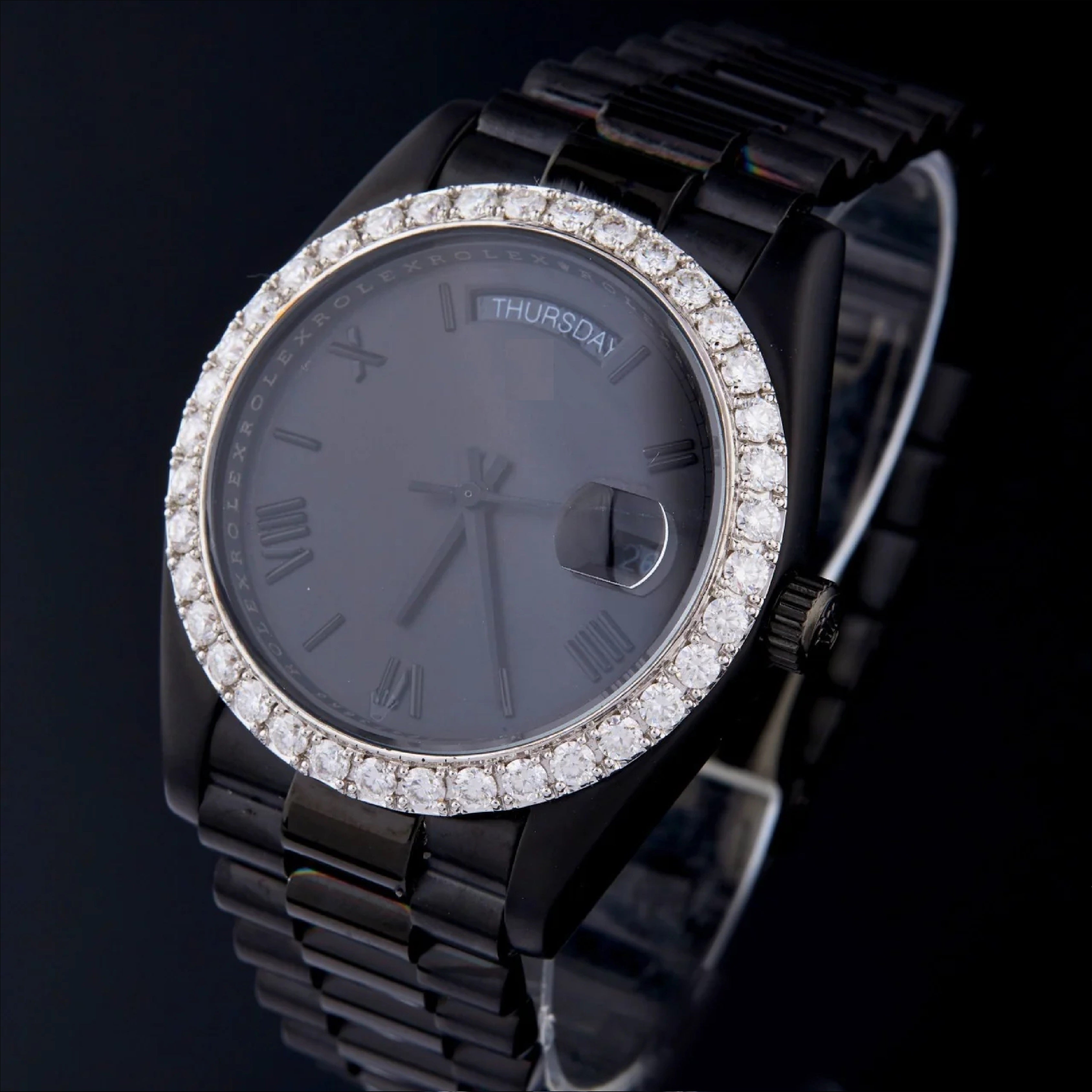 Black Dial Roman Numeral Round-Cut Moissanite Day-Date Watch