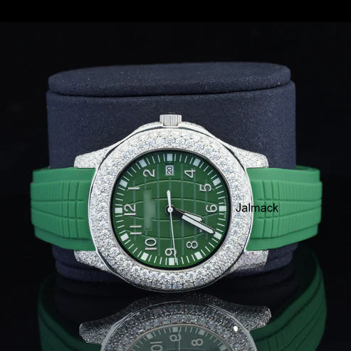 Luxury Green Bealt Moissanite Watch for Men | Iced Out VVS Moissanite Timepiece